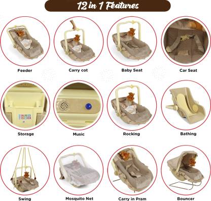 Pandaoriginals Premium 12 in 1 Cradle | Best Selling Musical with Mosquito Net (Brown, Gold)