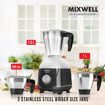 HAVELLS Mixwell _ GHFMGCIK050 500 Mixer Grinder (3 Jars, Black Grey)