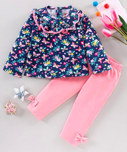 Babyhug Full Sleeves Floral Printed Top and Leggings - Pink