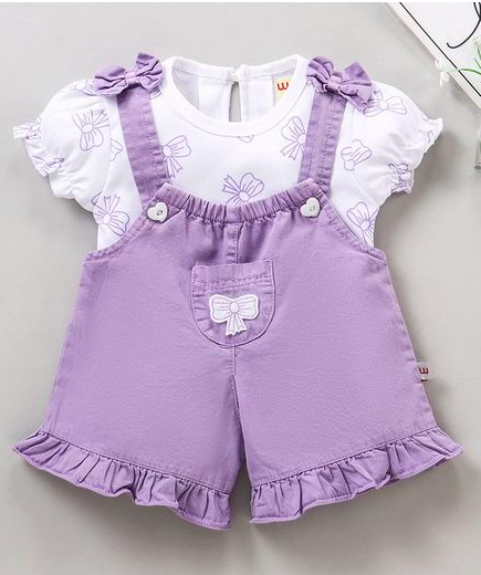 Wow Clothes Solid Color Dungaree With Half Sleeves Inner Tee Bow Print - Violet